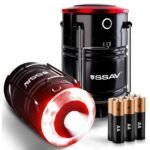 SSAV LED Camping Lantern with Red Safety Ring – 360° Light, IP44 Water Resistant (Black with Red Top, 2 Pack)
