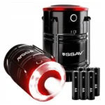 SSAV LED Camping Lantern with Red Safety Ring – 360° Light, IP44 Water Resistant (Black with Red Top, 2 Pack)